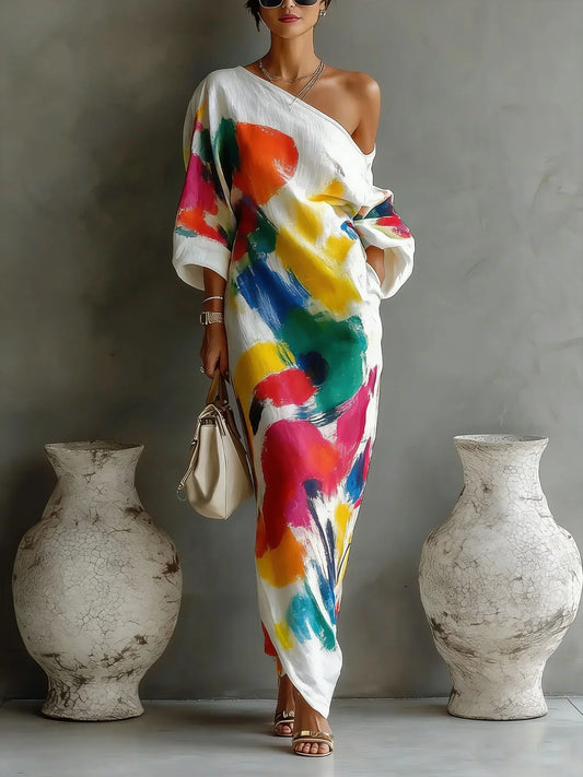 Robe longue asymétrique à imprimé artistique pour femme
