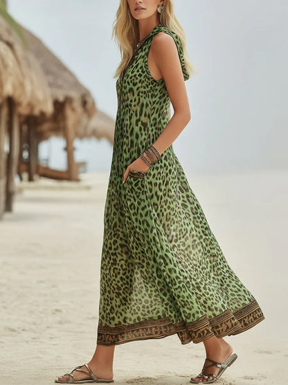 Robe mi-longue à capuche imprimé léopard vert style rétro décontracté pour femme