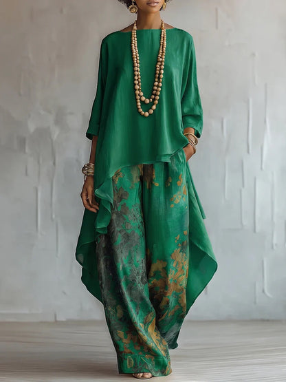 Ensemble deux pièces asymétrique en mélange de lin et pantalon large à imprimé floral pour femme