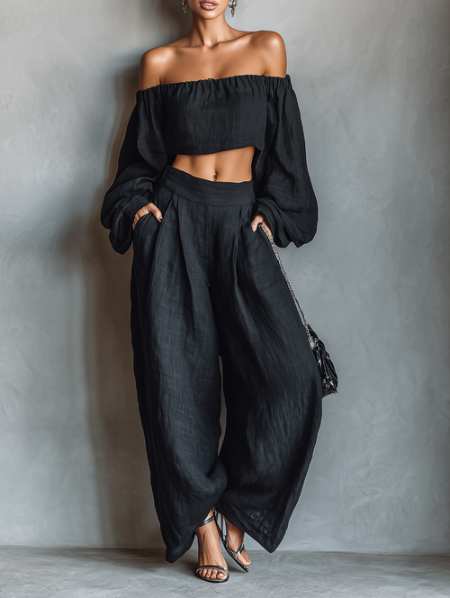 Ensemble blouse longue sans bretelles à manches longues en mélange de lin et pantalon ample à jambes larges pour femme
