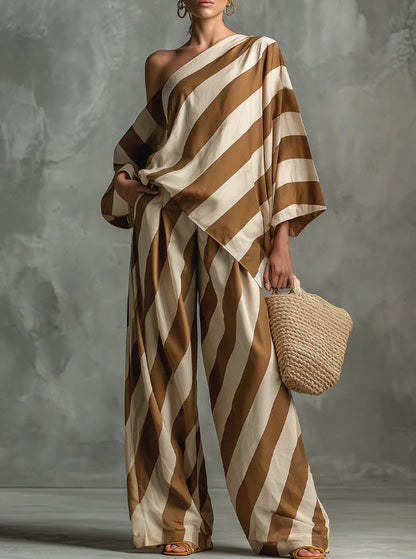 Ensemble haut asymétrique rayé et pantalon large