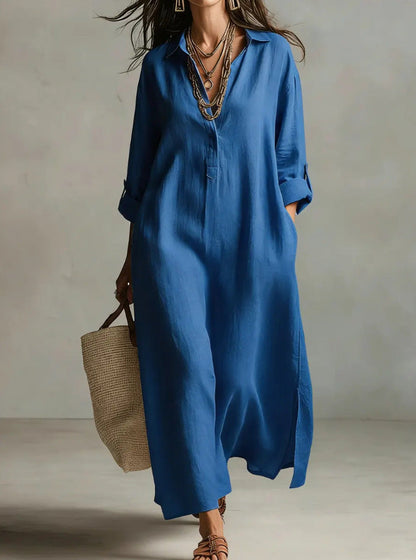 Robe chemise décontractée unie à revers à manches longues de style ample