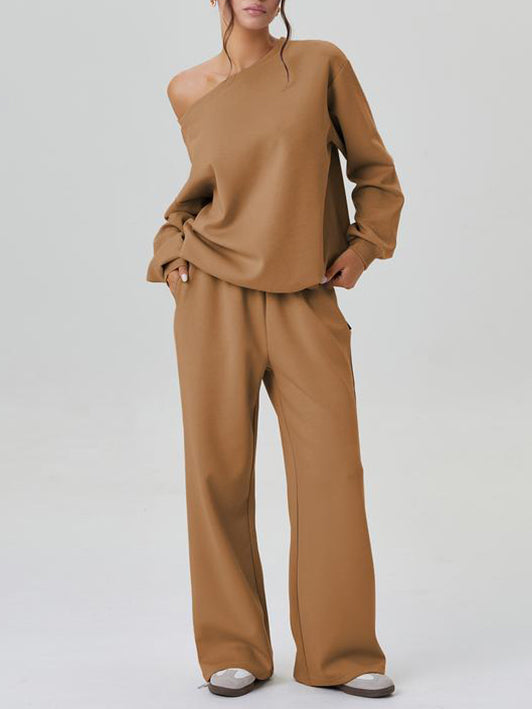 Ensemble top à manches longues épaules dénudées et pantalon large pour femme