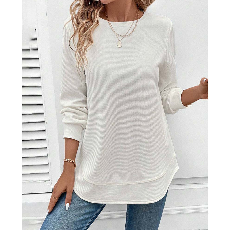 Round-neck, long-sleeved, solid-colour top