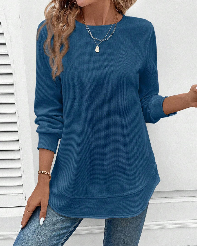 Round-neck, long-sleeved, solid-colour top