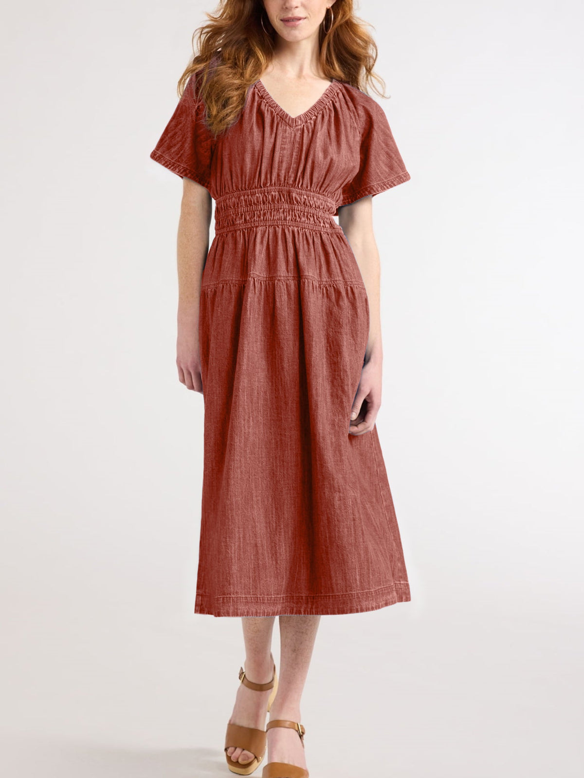 Casual women's light denim ruffled midi dress, on sale