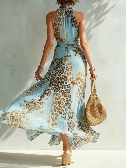 Robe longue en mousseline de soie imprimé léopard bleu