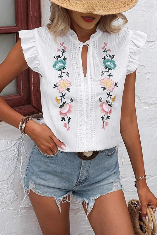 Fashionable Embroidered Ruffled Sleeve Casual Tops