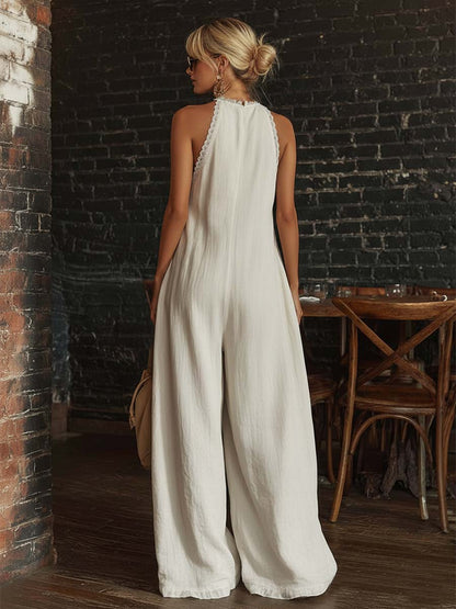Combinaison en coton écru sans manches avec décolleté en V bordé de dentelle, style bohème urbain rétro