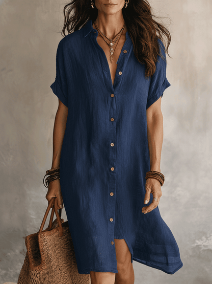 Modern effortless bohemian style black linen casual midi dress