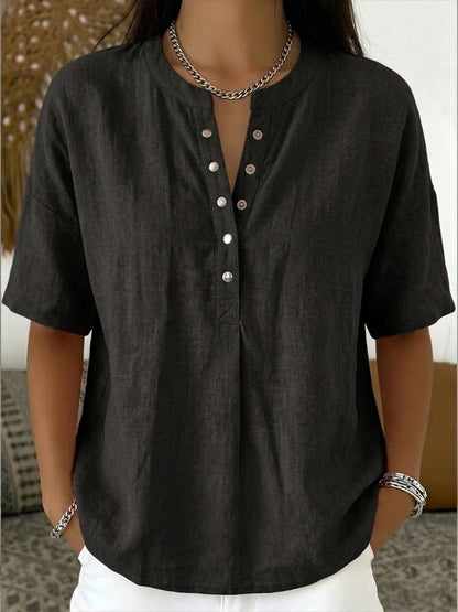 Nouveautés🔥 Chemise décontractée femme à col Henley, manches courtes en lin et coton