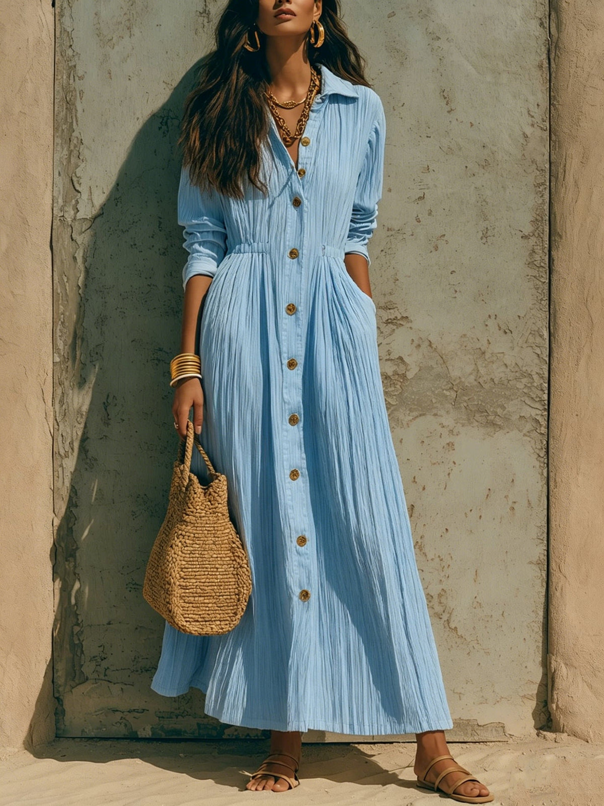 Robe maxi chemise boutonnée froissée ample