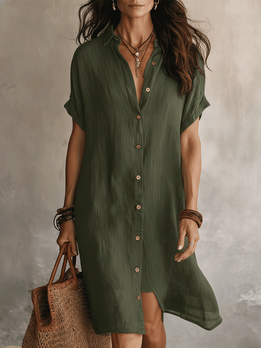 Modern effortless bohemian style black linen casual midi dress