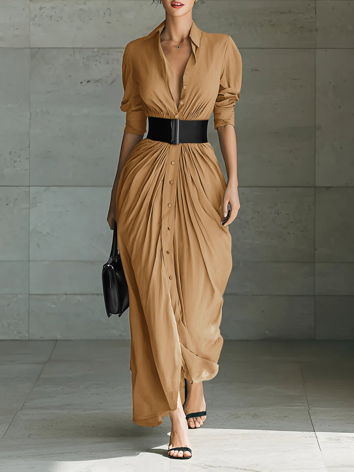 Robe maxi à revers, manches longues et ceinture, boutonnage simple.