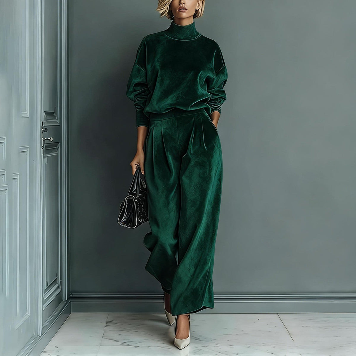 Ensemble haut à manches longues col roulé en velours élégant et pantalon large décontracté avec poches