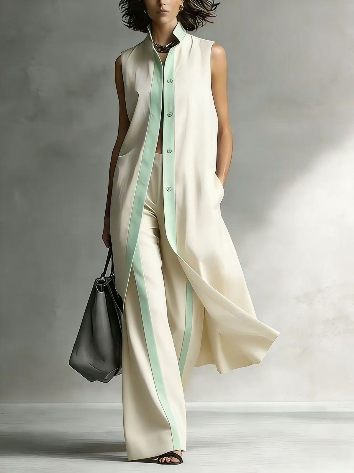 Ensemble Tunique sans Manches Contraste et Pantalon Large Jambe Sophistication Moderne, Style Ajusté Sans Effort