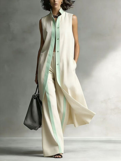 Ensemble Tunique sans Manches Contraste et Pantalon Large Jambe Sophistication Moderne, Style Ajusté Sans Effort