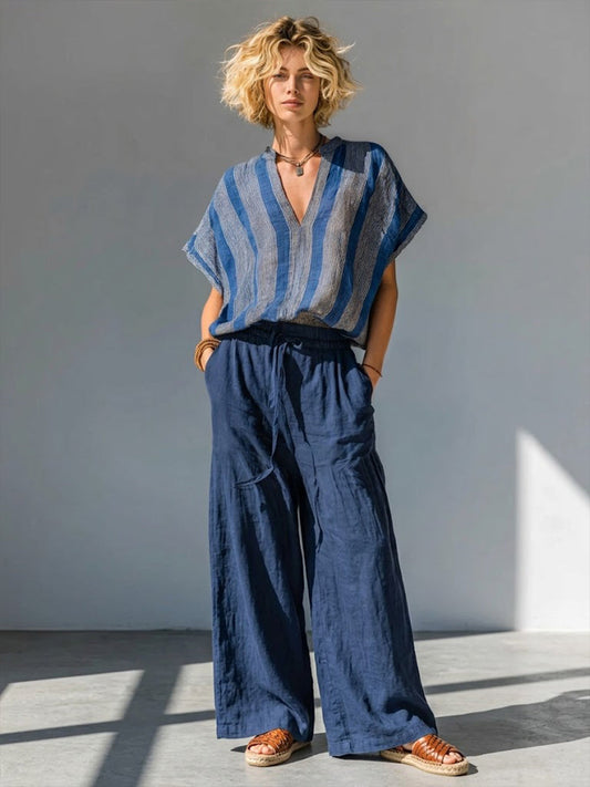 Ensemble décontracté deux pièces haut et pantalon rayé en lin et coton