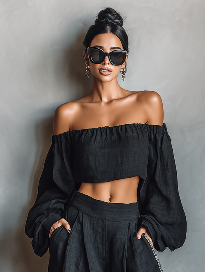 Ensemble blouse longue sans bretelles à manches longues en mélange de lin et pantalon ample à jambes larges pour femme
