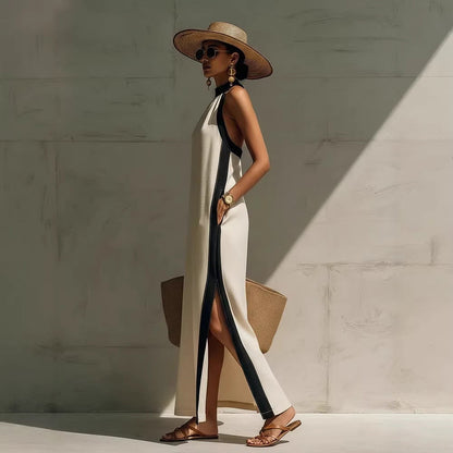 Robe longue licou à liseré contrastant