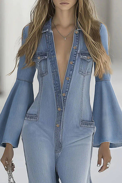 Combinaison décontractée en jean à manches cloche et boutonnage simple et stylé