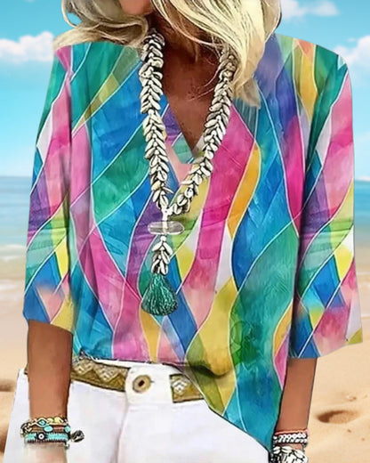 Blouse à col V à couleurs contrastées