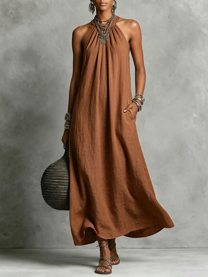 Robe sans manches en coton-lin pour femme avec encolure ronde et dos nu