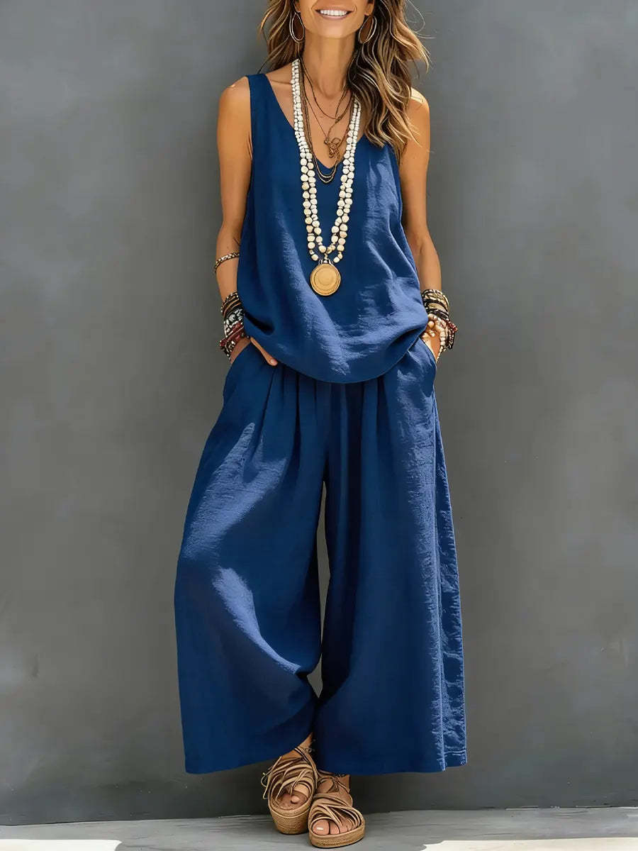 Linen V-Neck Sleeveless Top and Wide-Leg Pants Set
