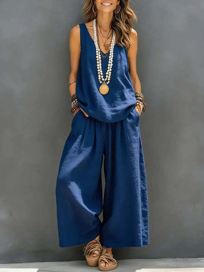 Linen V-Neck Sleeveless Top and Wide-Leg Pants Set