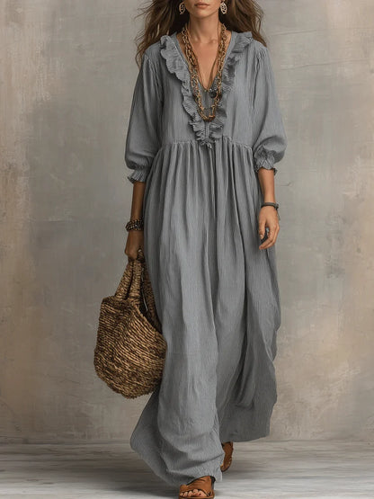 Robe longue de vacances chic décontractée à imprimé rayé et volants pour femme