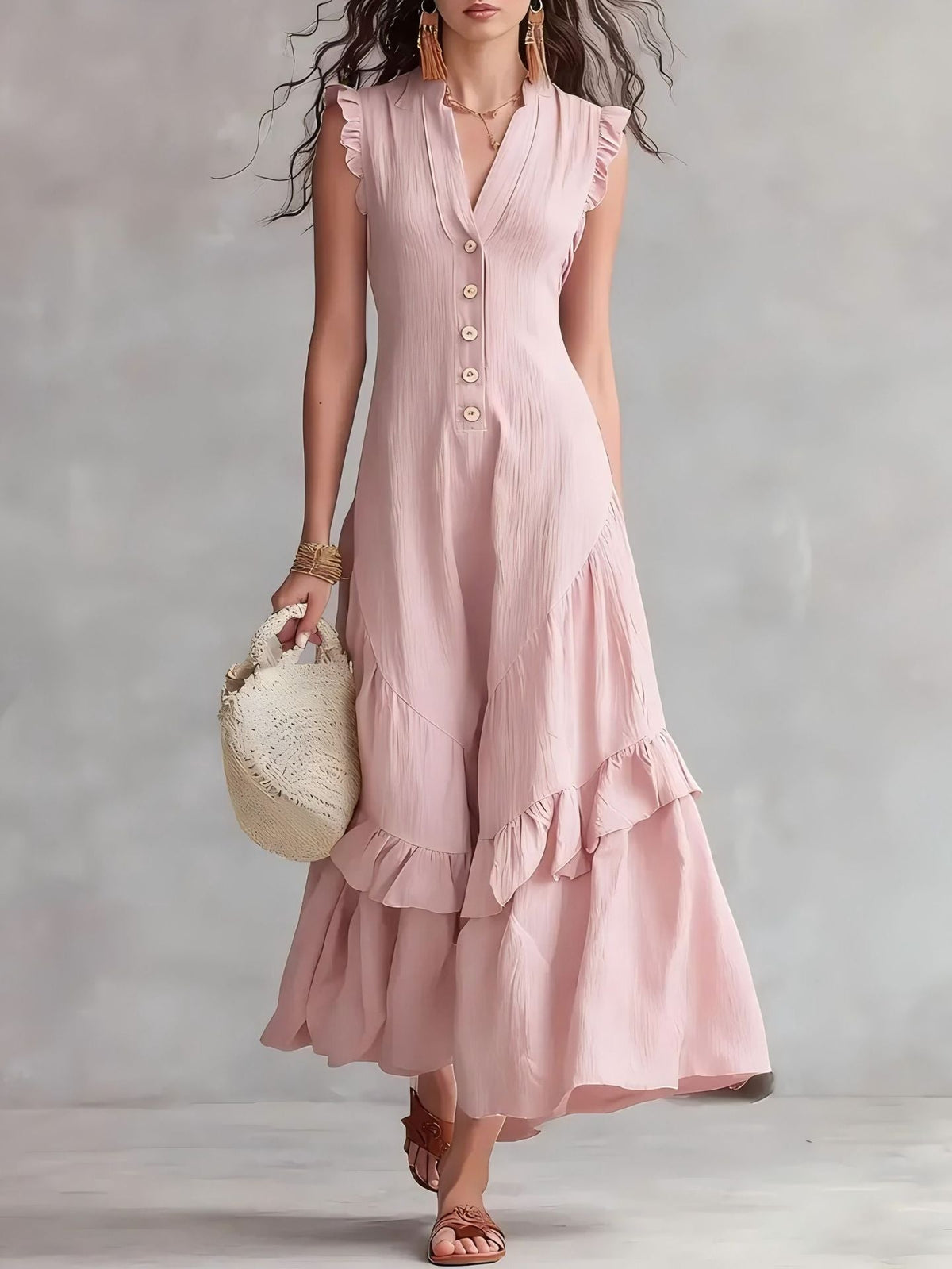 Robe longue sans manches à volants et col en V