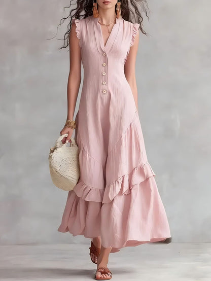 Robe longue sans manches à volants et col en V