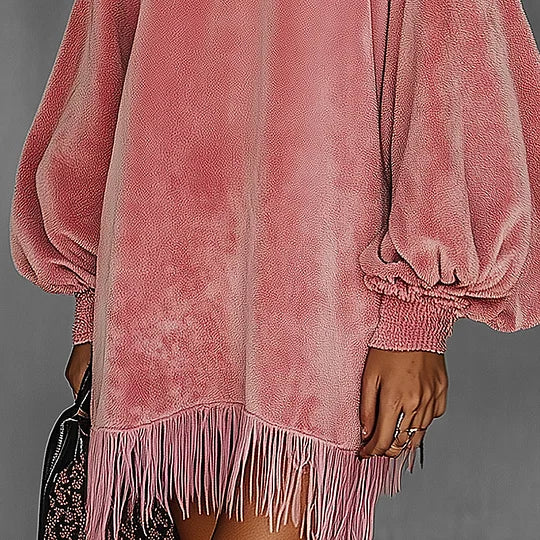Robe rétro en velours rose pour femme, col montant, à franges