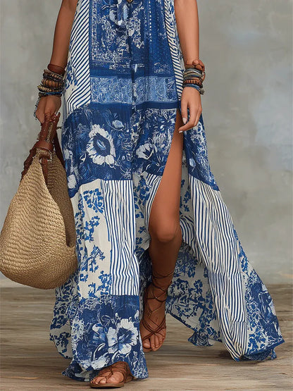 Robe longue maxi décontractée et tendance en coton pour femme, avec imprimé artistique à motifs floraux ethniques rétro