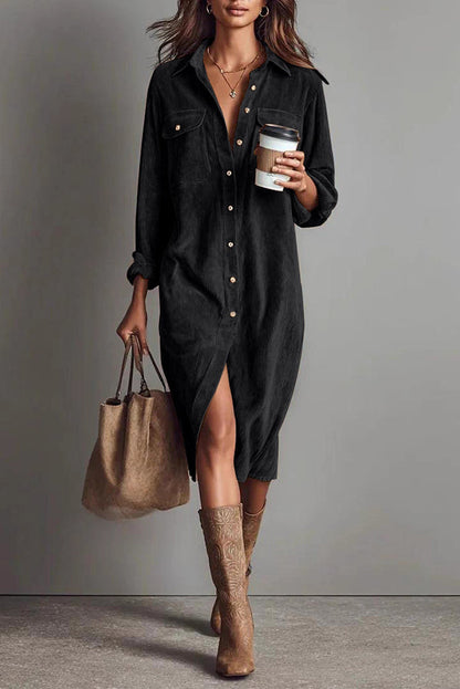 Robe chemise midi décontractée unie, à boutonnage simple, avec poches