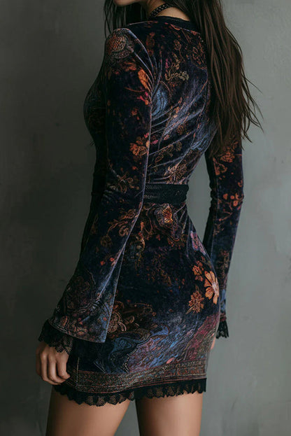 Elegant floral print velvet mini dress, V-neck, long sleeves, fitted