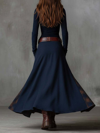 Robe longue maxi en daim patchwork vintage avec des panneaux à carreaux
