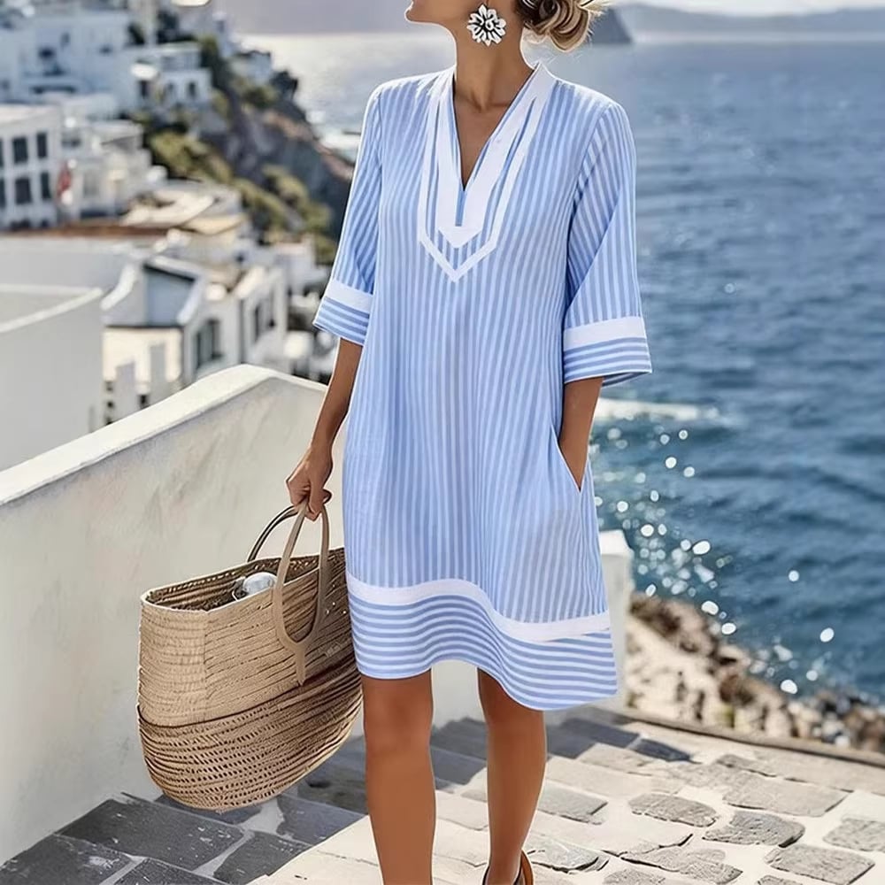 Robe Bohème Rayée Col V Manches Courtes