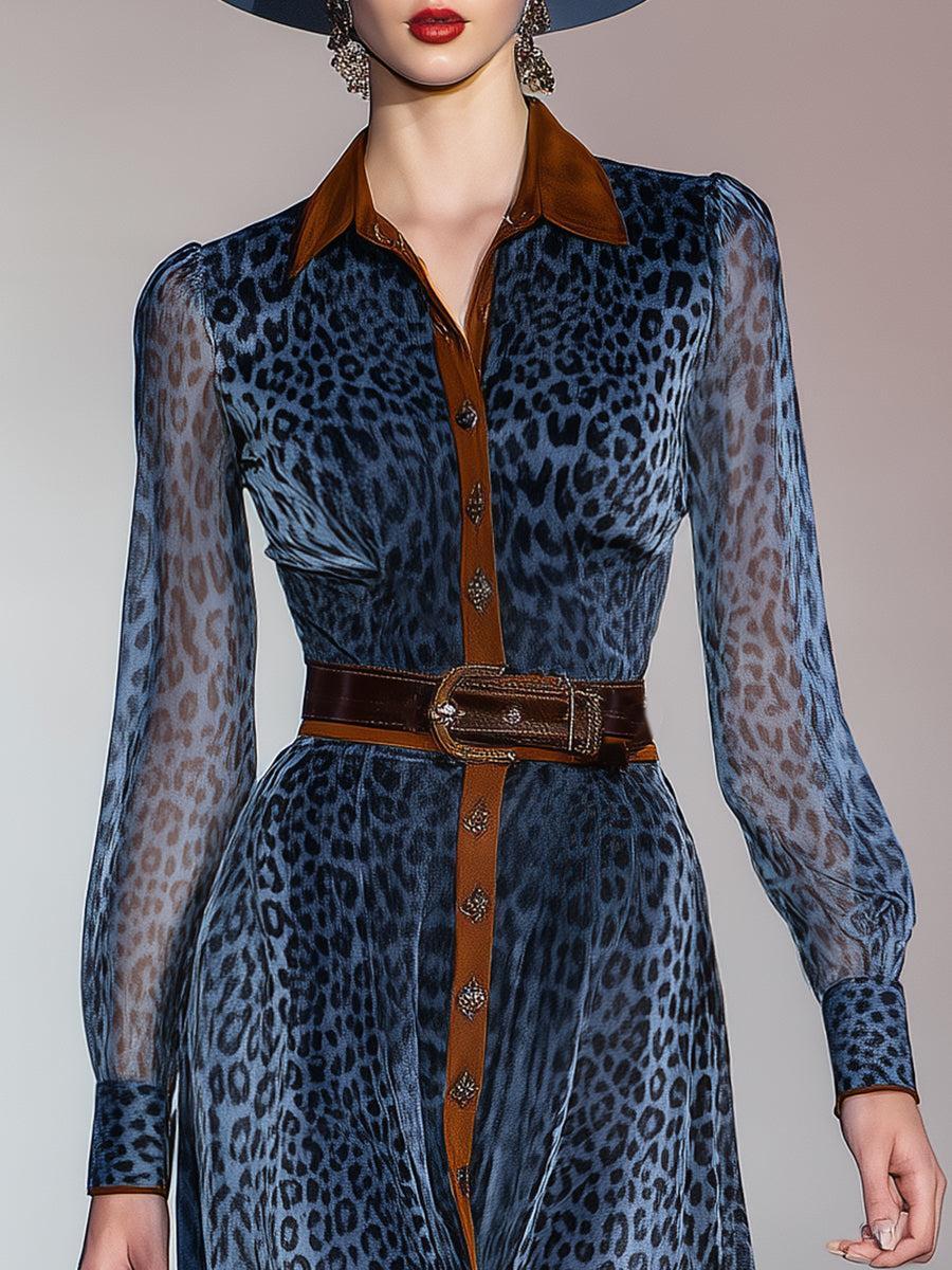 Robe midi bleue à manches longues imprimé léopard