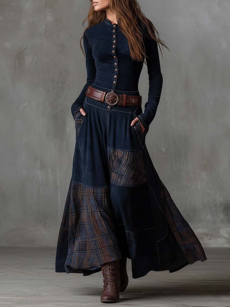 Robe longue maxi en daim patchwork vintage avec des panneaux à carreaux