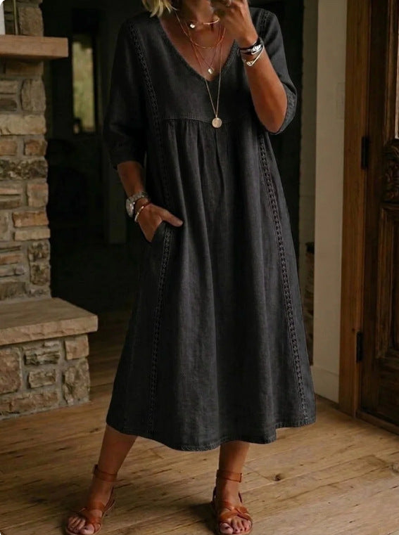 Elegant V-Neck Linen Blend Midi Dress with Lace Inserts and Pockets | Women's Casual Summer Dress