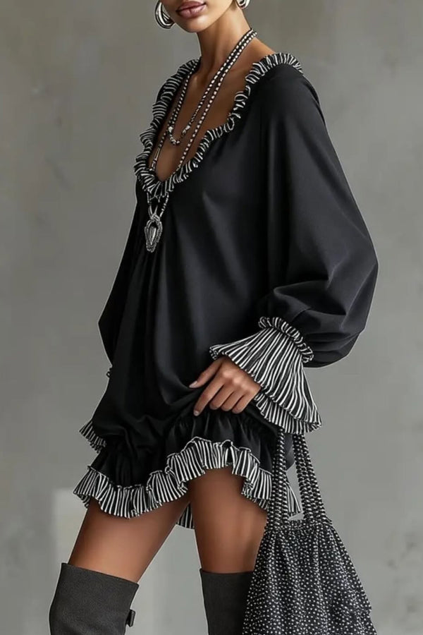 Mini-robe décontractée à manches longues, ample et tendance, avec volants et patchwork.