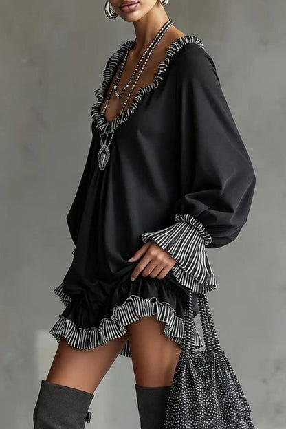 Mini-robe décontractée à manches longues, ample et tendance, avec volants et patchwork.