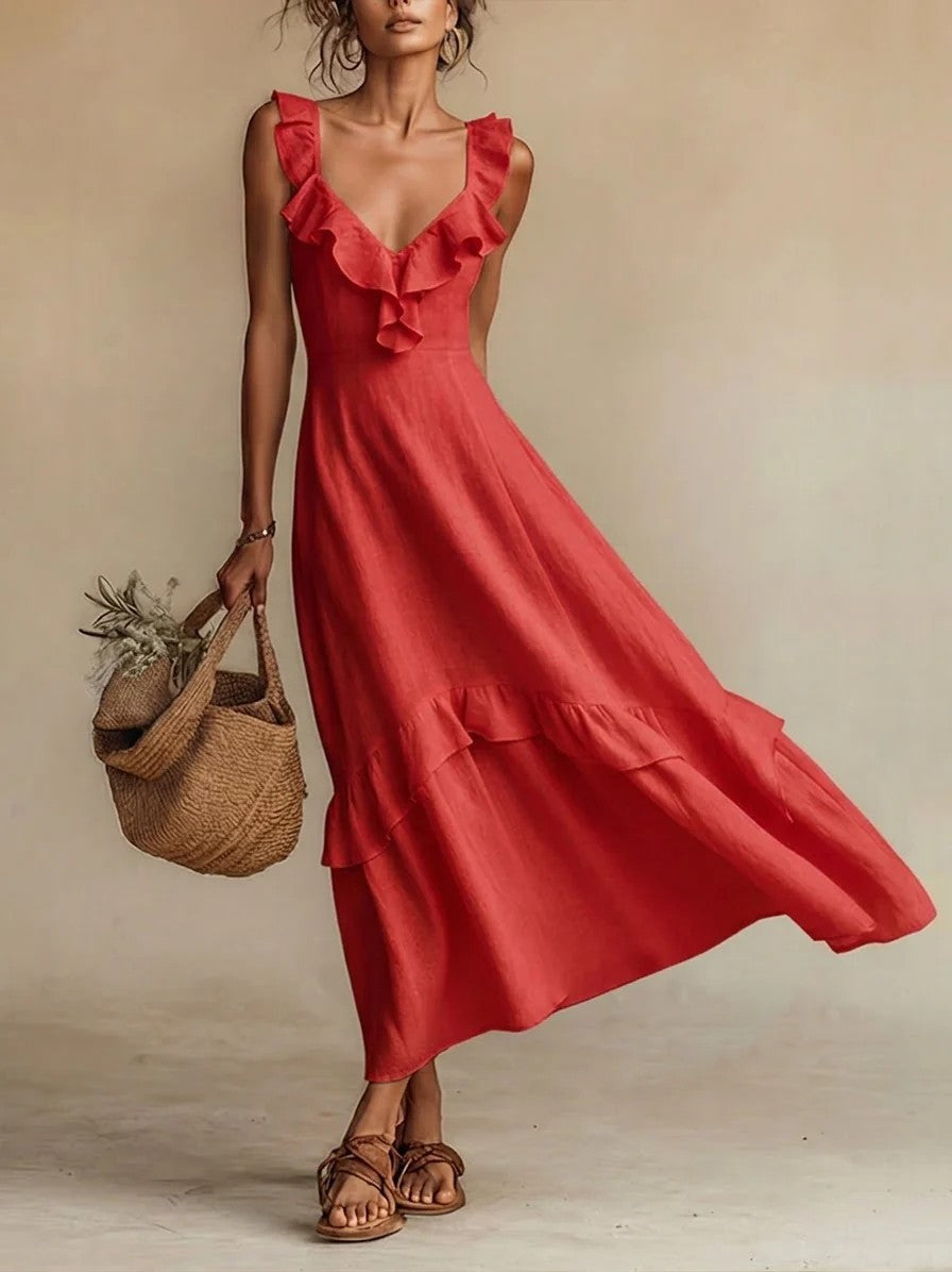 Robe longue maxi en mélange de lin à volants