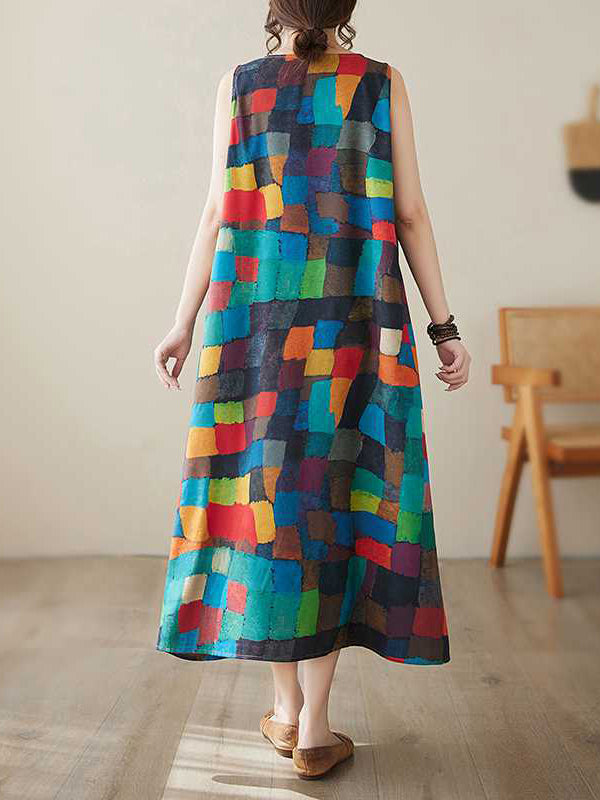 Robes midi à col rond, sans manches amples, à carreaux multicolores contrastés