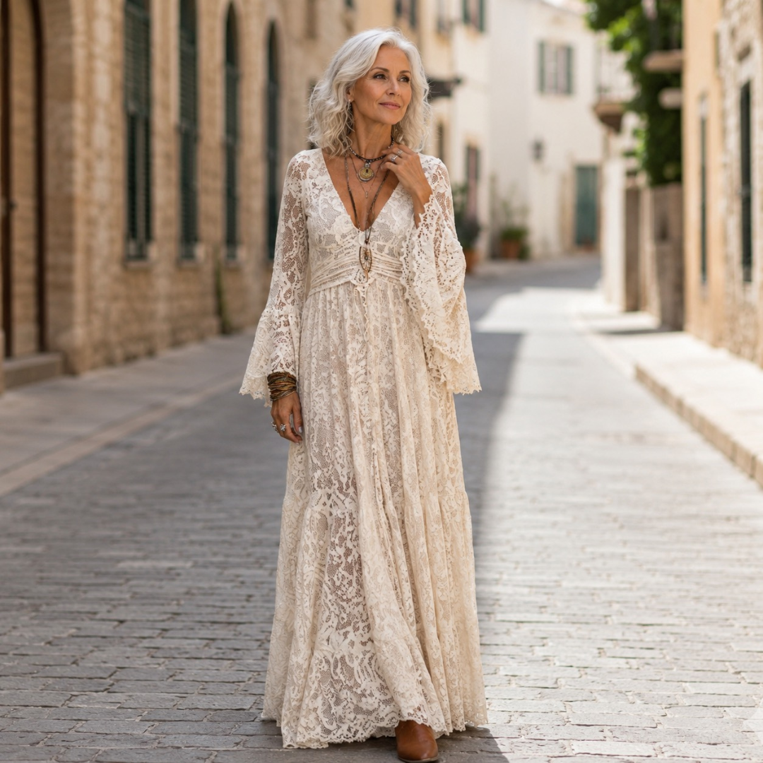Robe longue en dentelle à manches cloche