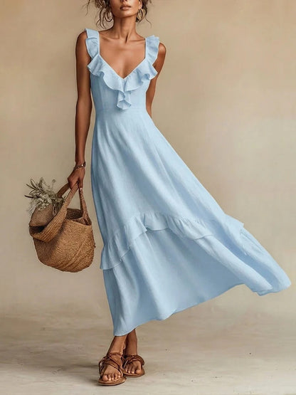 Robe longue maxi en mélange de lin à volants
