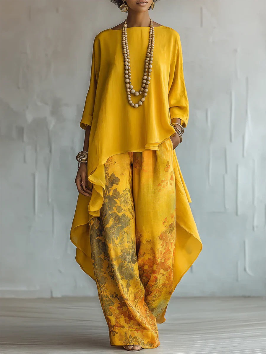Ensemble deux pièces asymétrique en mélange de lin et pantalon large à imprimé floral pour femme