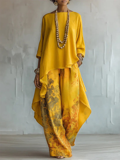 Ensemble deux pièces asymétrique en mélange de lin et pantalon large à imprimé floral pour femme