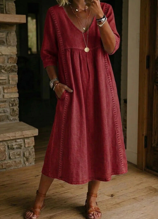 Elegant V-Neck Linen Blend Midi Dress with Lace Inserts and Pockets | Women's Casual Summer Dress